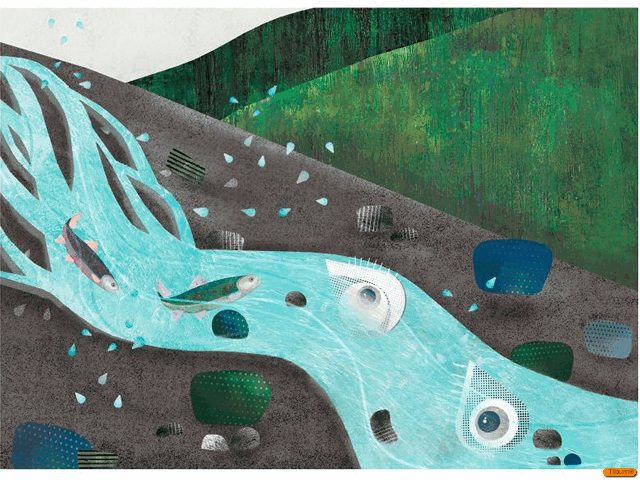 ilustracja z książki bajka o wiśle; kamishibai rzeka płynie pośród gór