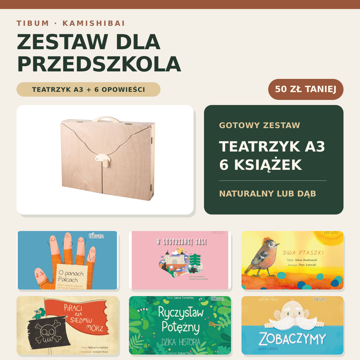 Zestaw kamishibai dla przedszkola – teatrzyk A3 i książki Tibum