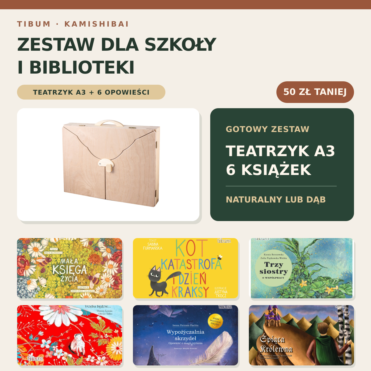 Zestaw kamishibai dla szkoły i biblioteki – teatrzyk A3 i książki Tibum